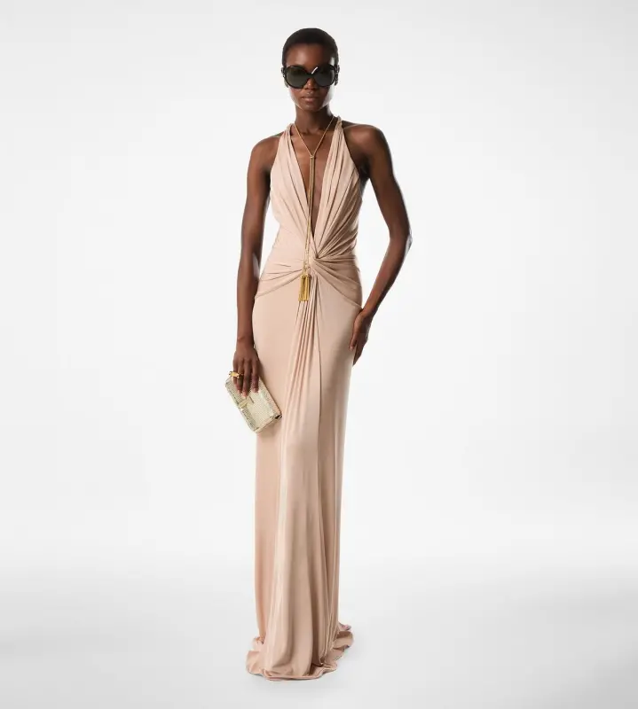 V-NECK CRISS-CROSS EVENING DRESS DEEP OYSTER online